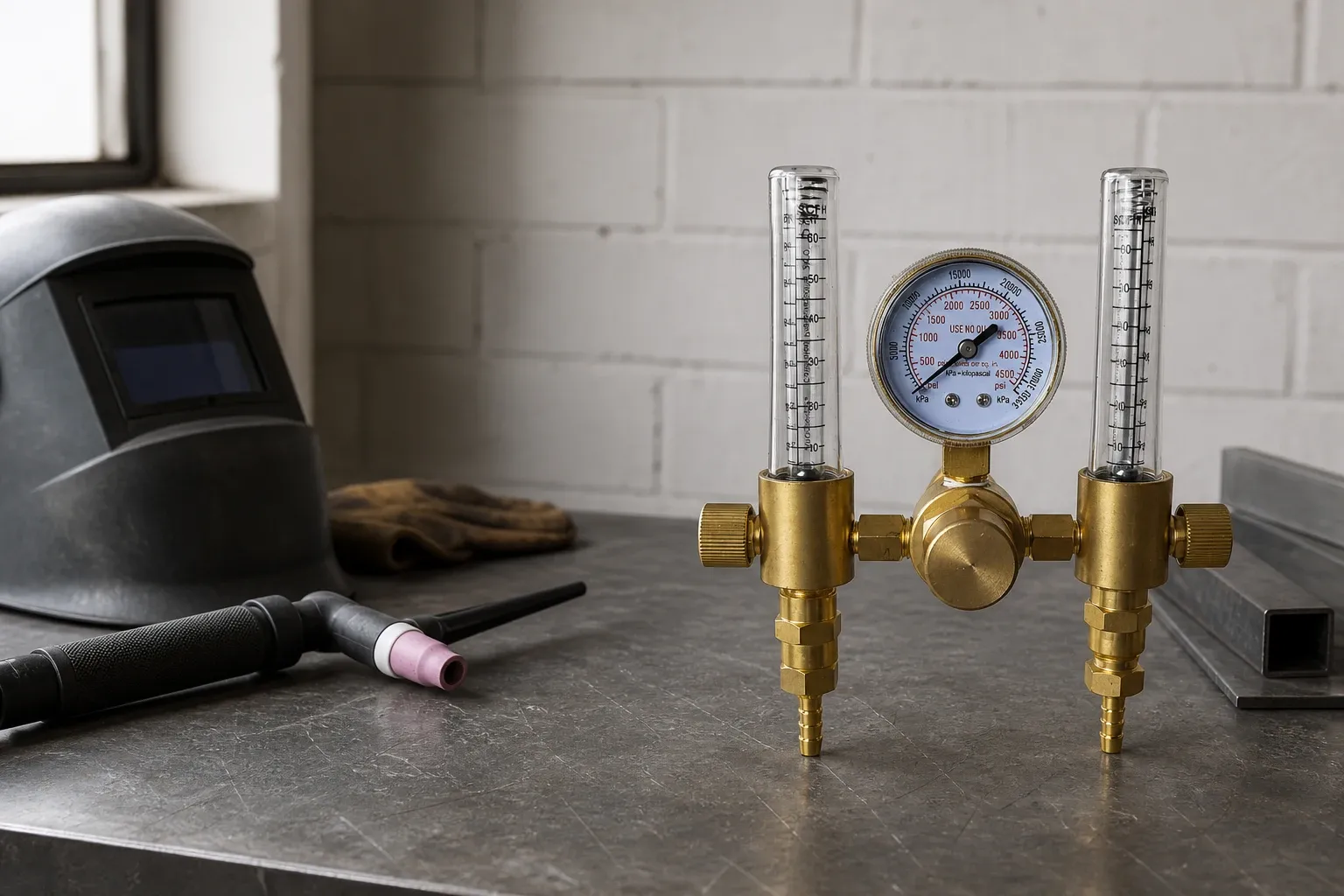 HL-0001 dual-flow argon regulator with two flow tubes, each with its own knob, and one inlet pressure gauge.